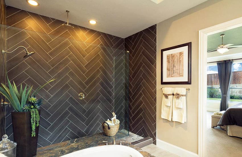 Custom Shower with Herringbone Pattern Tile