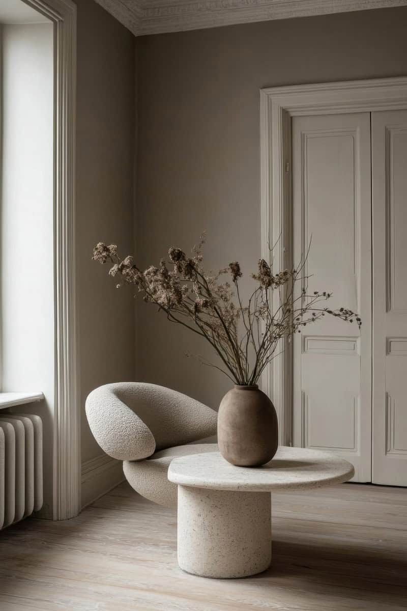 Minimalist Living Room with Beige Chair and Stone Table