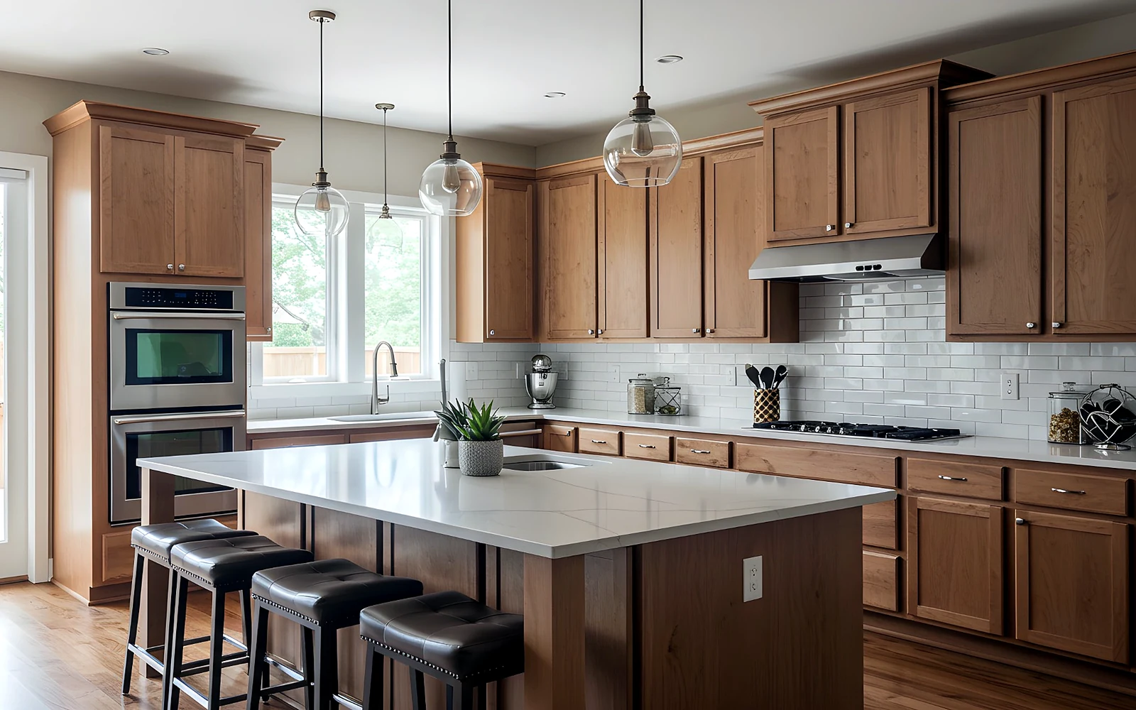 Custom kitchen storage with island drawers, tall cabinetry, wall ovens, and clear work areas