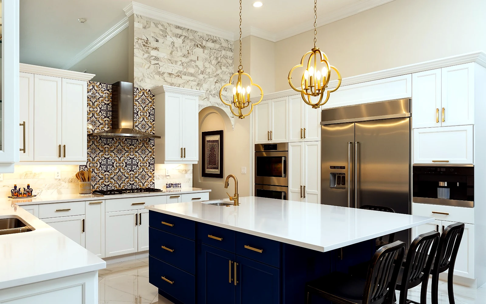 Universal design kitchen island with generous countertop work zones, accessible storage, and premium cabinetry