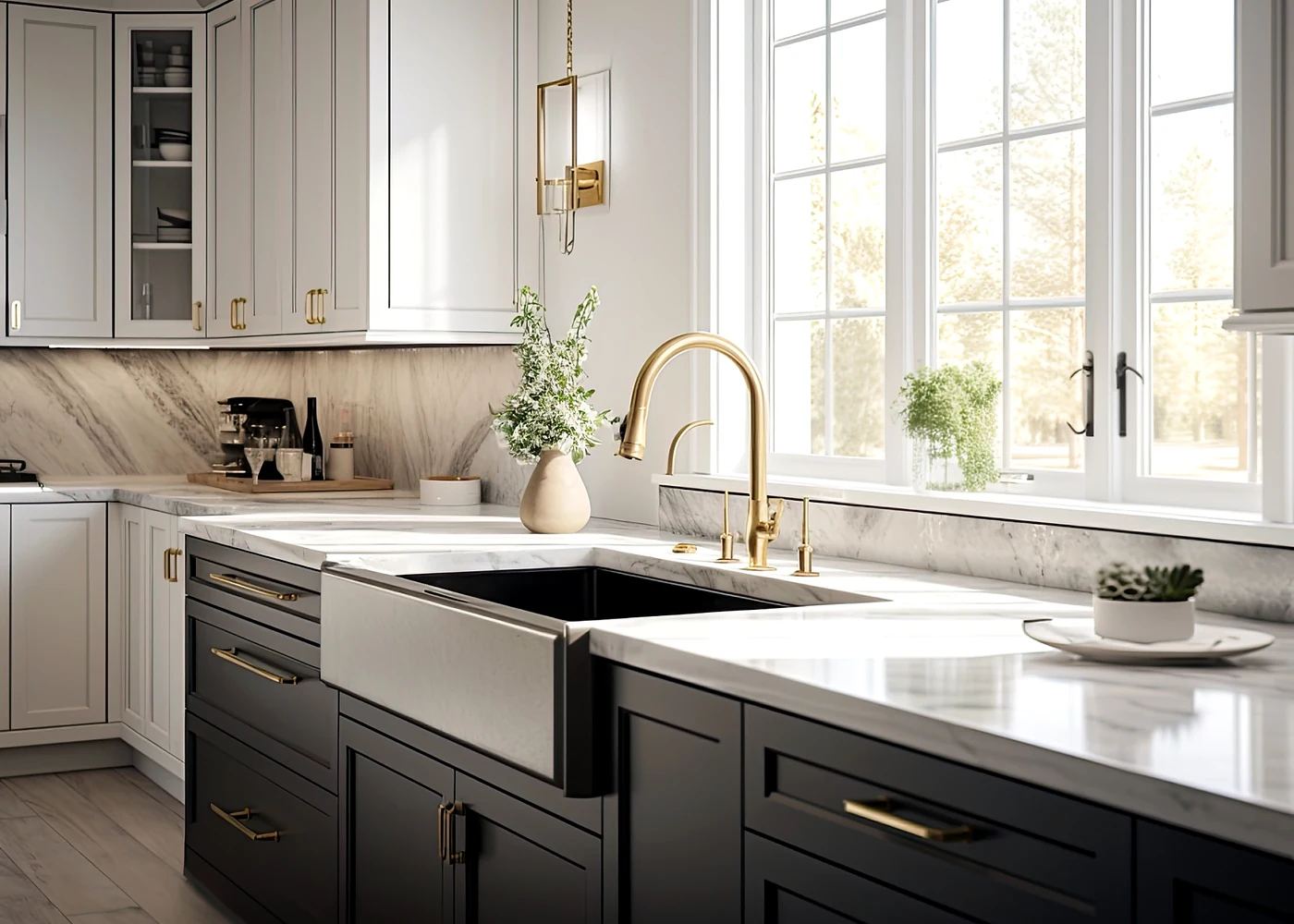 Kitchen countertop detail with brass faucet, farmhouse sink, natural light, and bright work surface