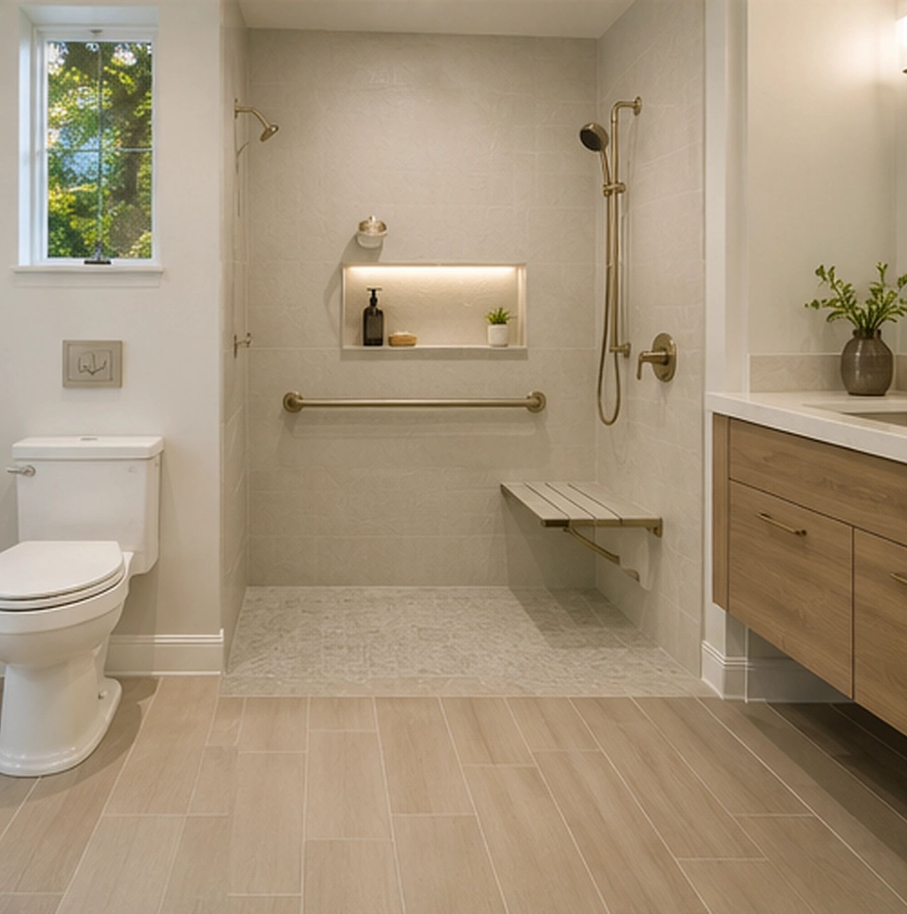 Walk-in shower with built-in bench for future-ready bathroom design
