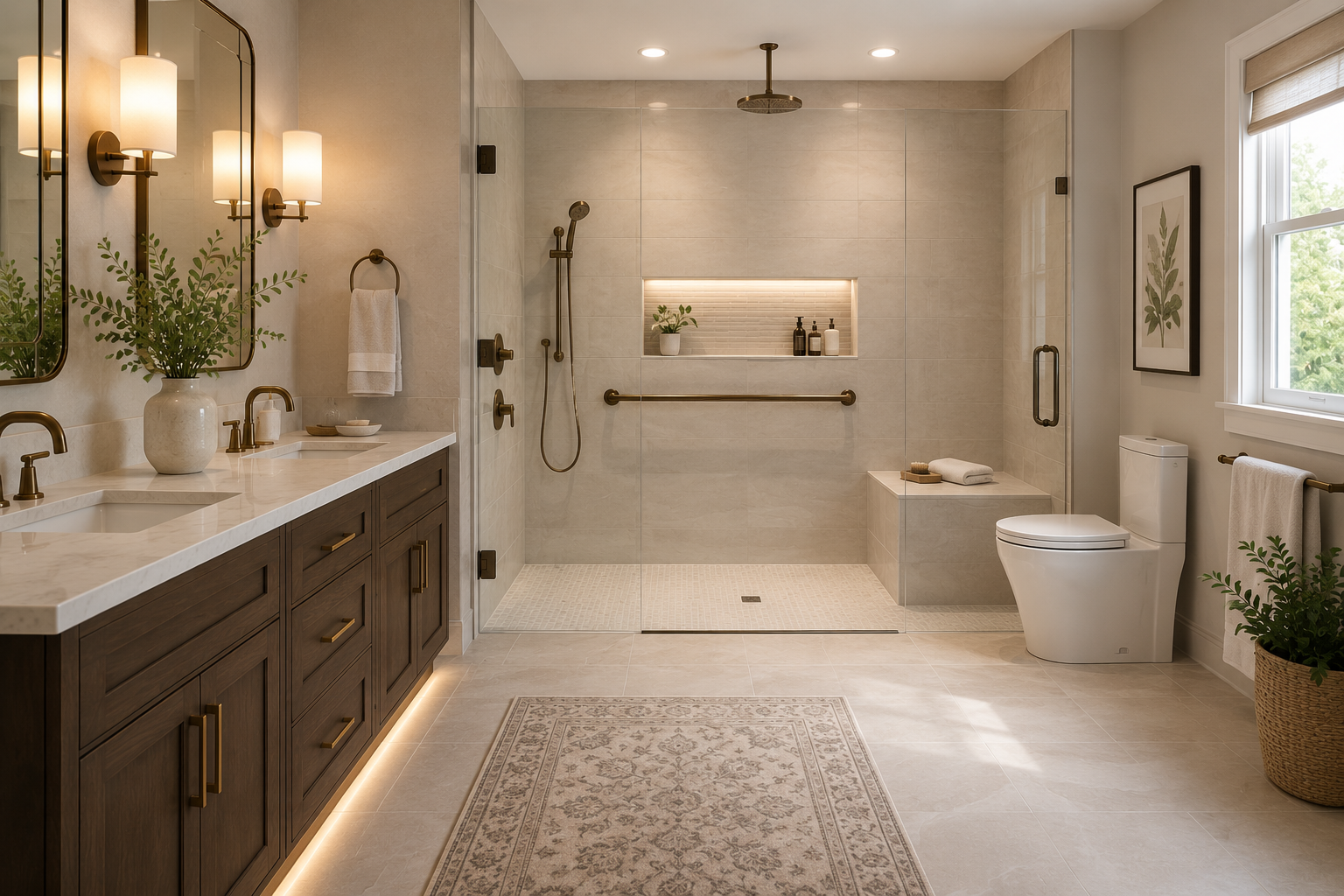 No-curb luxury shower with glass door, shower bench, and warm bathroom finishes