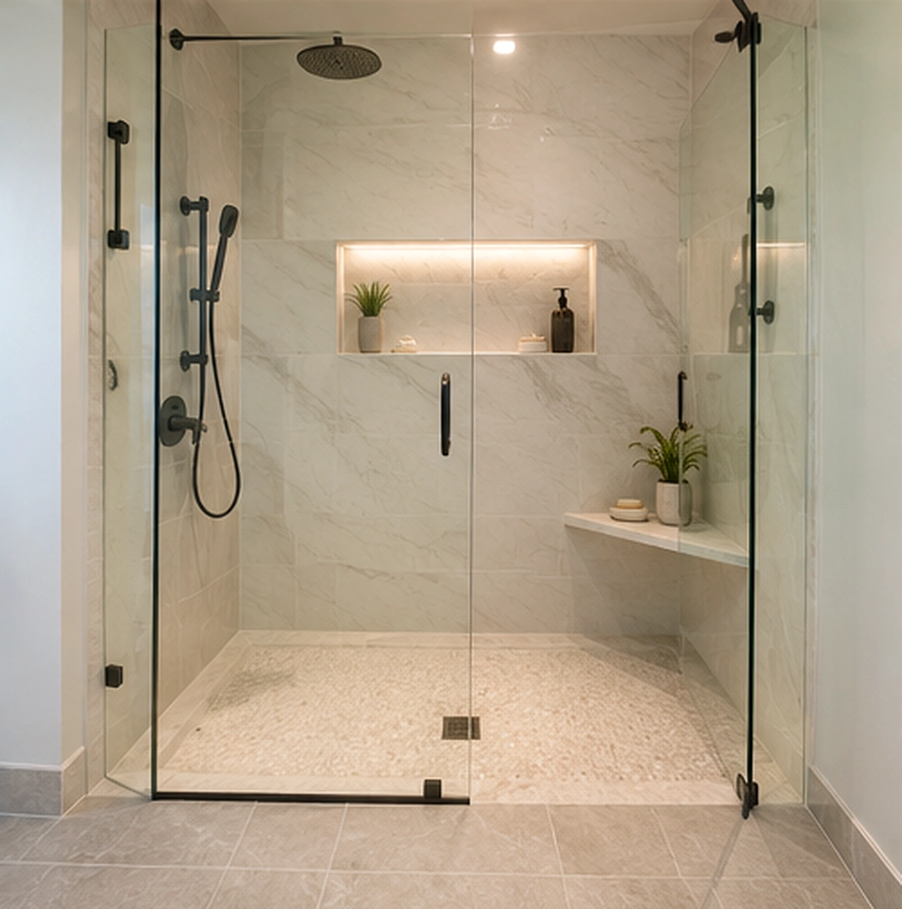 Curbless glass shower entry with premium bathroom finishes