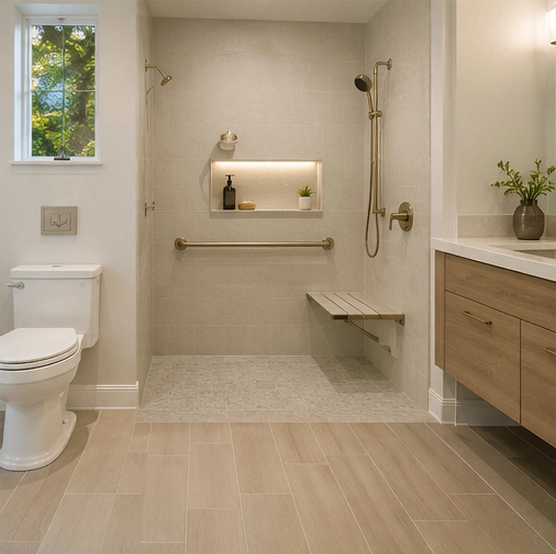 Walk-in shower with built-in bench and elegant wall finishes