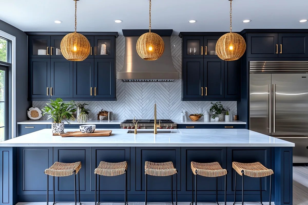 Custom kitchen cabinetry and storage design with navy cabinets