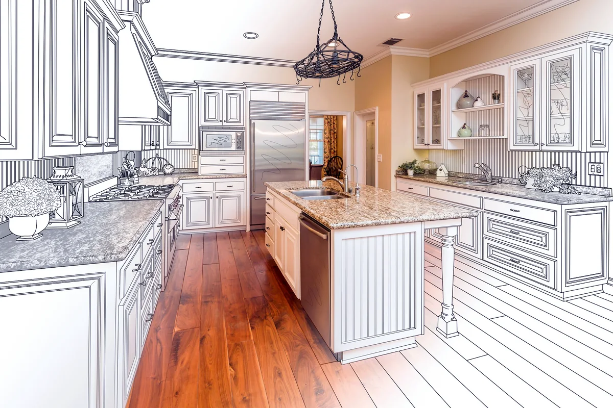 Kitchen layout planning with design sketch and finished kitchen